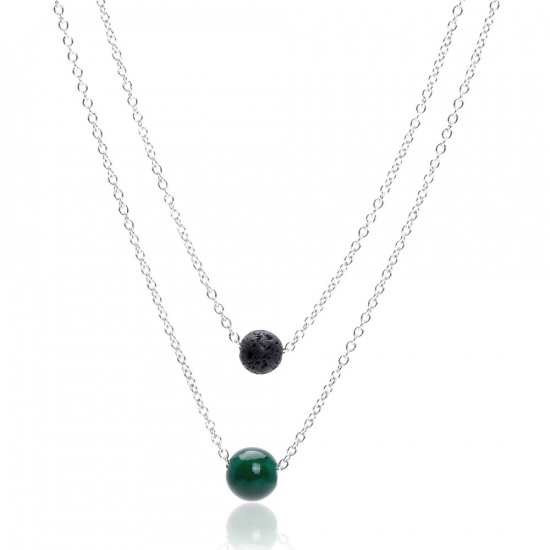 Picture of Stainless Steel & Gemstone ( Natural ) Necklace Silver Tone Black & Green Round 40cm(15 6/8") long, 1 Piece