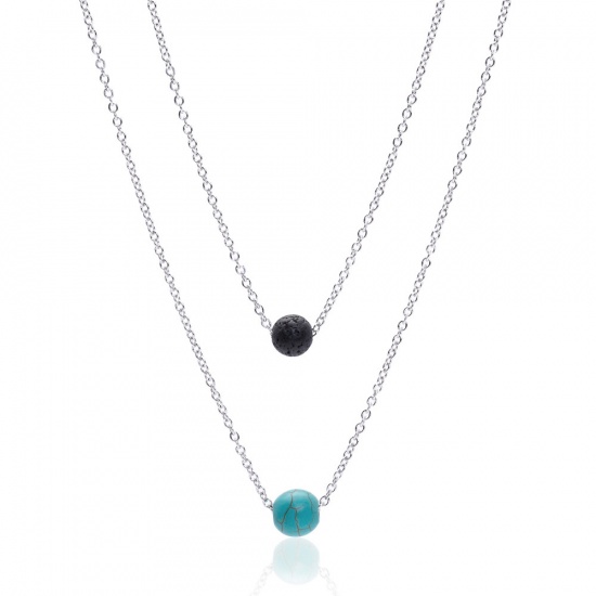 Picture of December Birthstone - Stainless Steel & Gemstone ( Natural ) Necklace Silver Tone Blue & Black Round 40cm(15 6/8") long, 1 Piece