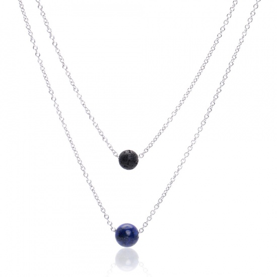 Picture of December Birthstone - Stainless Steel & Gemstone ( Natural ) Necklace Silver Tone Blue & Black Round 40cm(15 6/8") long, 1 Piece