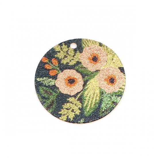 Picture of Copper Enamel Painting Charms Gold Plated Multicolor Round Flower Leaves Sparkledust 20mm Dia., 10 PCs
