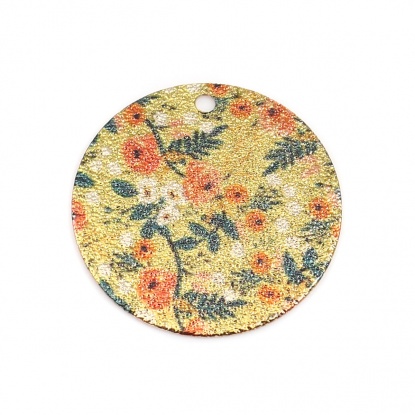 Picture of Copper Enamel Painting Charms Gold Plated Green & Orange Round Flower Leaves Sparkledust 20mm Dia., 10 PCs