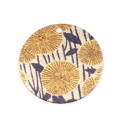 銅 彩色上絵 チャーム 金メッキ 黒 & イエロー 円形 花 スターダスト 20mm 直径、 10 個 の画像