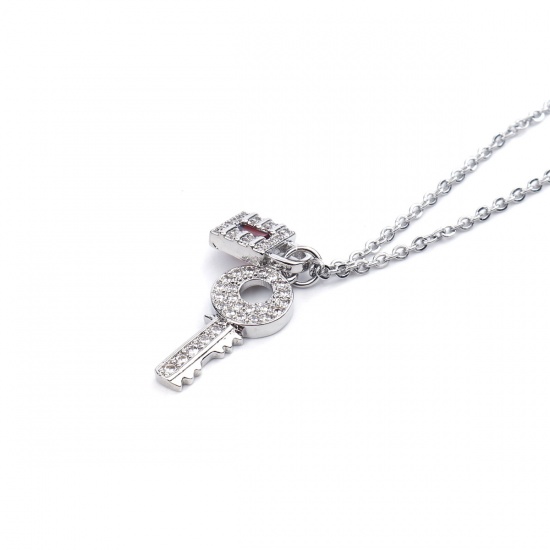 Picture of Stainless Steel & Copper Necklace Silver Tone Key Lock Red Cubic Zirconia 45cm(17 6/8") long, 1 Piece
