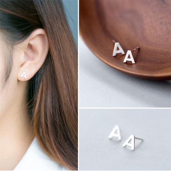 Picture of Sterling Silver Ear Post Stud Earrings Silver Capital Alphabet/ Letter Message " A " 7mm x 7mm, 1 Pair