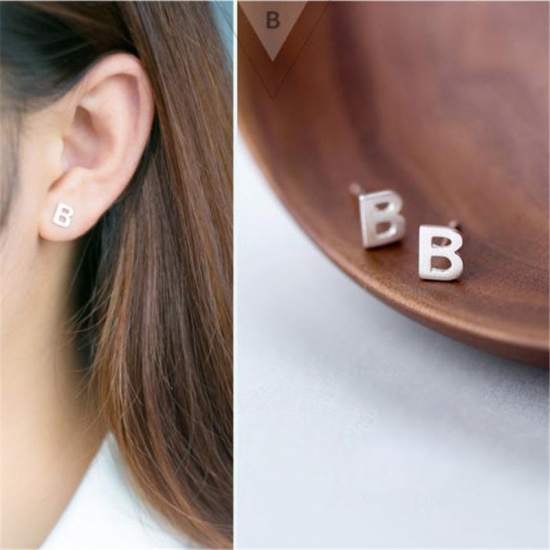 Picture of Sterling Silver Ear Post Stud Earrings Silver Capital Alphabet/ Letter Message " B " 7mm x 5.5mm, 1 Pair