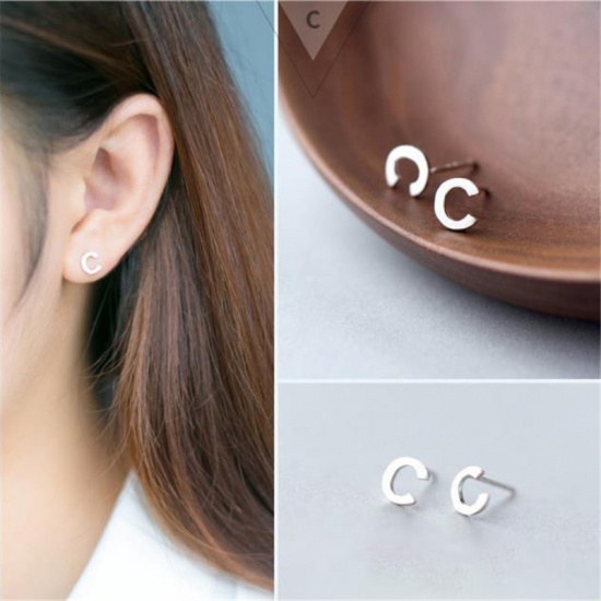 Picture of Sterling Silver Ear Post Stud Earrings Silver Capital Alphabet/ Letter Message " C " 7mm x 6mm, 1 Pair