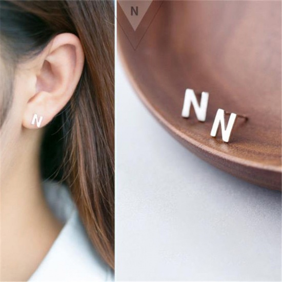 Picture of Sterling Silver Ear Post Stud Earrings Silver Capital Alphabet/ Letter Message " N " 7mm x 5.5mm, 1 Pair