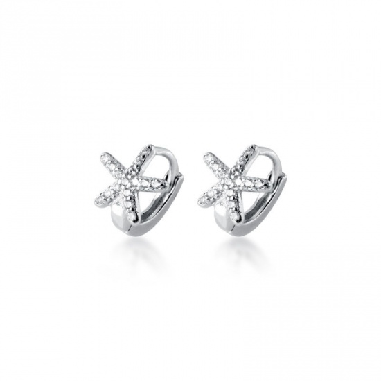 Picture of Sterling Silver Hoop Earrings Silver Color Star Fish Clear Rhinestone 8mm, 1 Pair