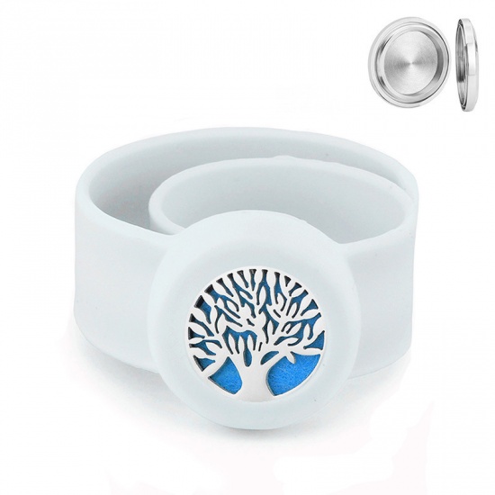 Picture of 316L Stainless Steel & Silicone Aromatherapy Essential Oil Diffuser Locket Bangles Bracelets White Tree of Life Can Be Screwed Off 22.5cm(8 7/8") long, 1 Piece