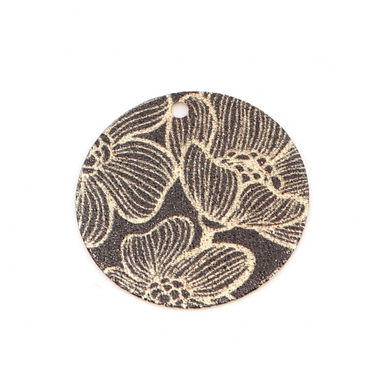 Picture of Copper Enamel Painting Charms Gold Plated Black Round Lotus Flower Sparkledust 20mm Dia., 10 PCs