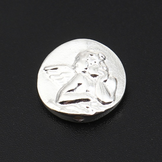 Picture of Zinc Based Alloy Religious Spacer Beads Flat Round Silver Plated Angel About 14mm Dia., Hole: Approx 1mm, 20 PCs
