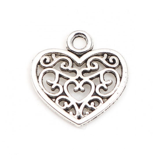 Picture of Zinc Based Alloy Valentine's Day Charms Heart Antique Silver Color Filigree 15mm x 15mm, 100 PCs