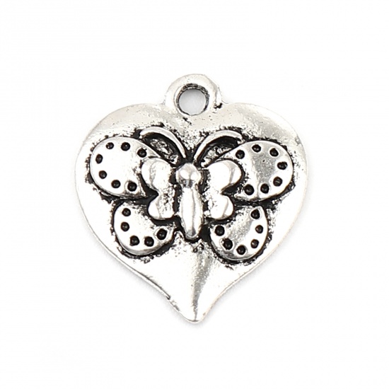 Picture of Zinc Based Alloy Insect Charms Heart Antique Silver Color Butterfly 17mm x 15mm, 20 PCs