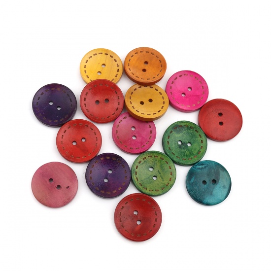 ウッド 縫製ボタン 2つ穴 円形 ランダムな色 25mm 直径、 50 個 の画像