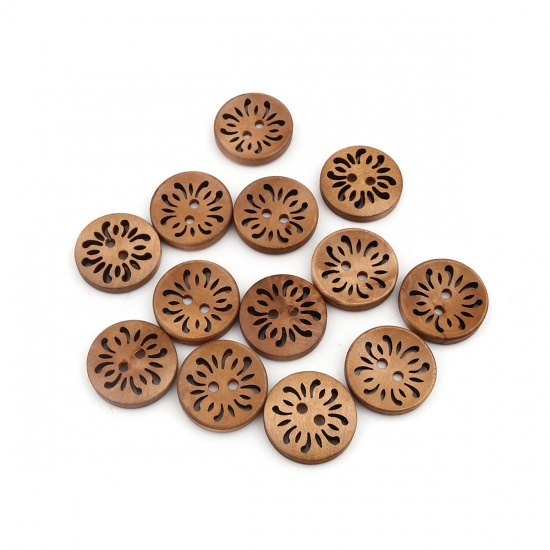 Picture of Wood Sewing Buttons Scrapbooking Two Holes Round Brown Filigree 23mm Dia., 50 PCs
