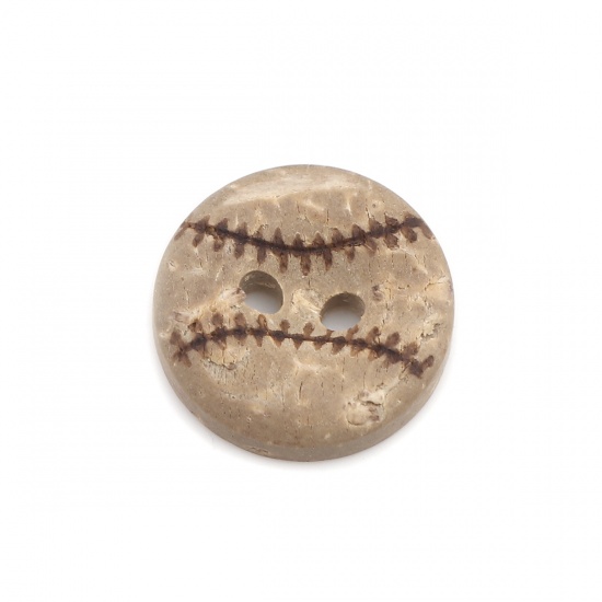 Immagine di Guscio di Cocco Bottone da Cucire Tondo Naturale Due Fori Baseball Disegno 15mm Dia, 50 Pz