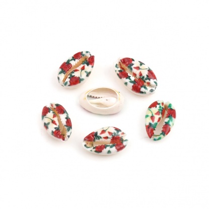 Image de Perles en Coquille Escargot de Mer Rouge & Vert Feuilles de Fleur 25mm x 17mm - 18mm x 13mm, 10 Pcs