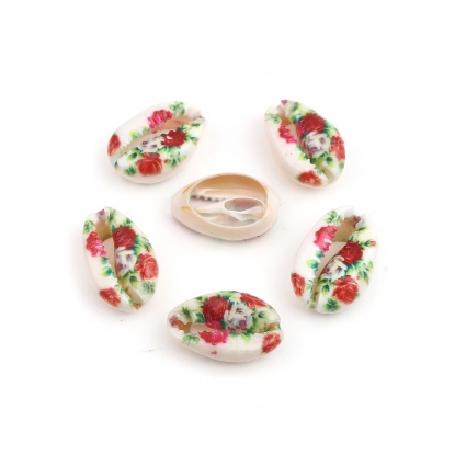 Image de Perles en Coquille Escargot de Mer Rouge & Vert Feuilles de Fleur 25mm x 17mm - 18mm x 13mm, 10 Pcs