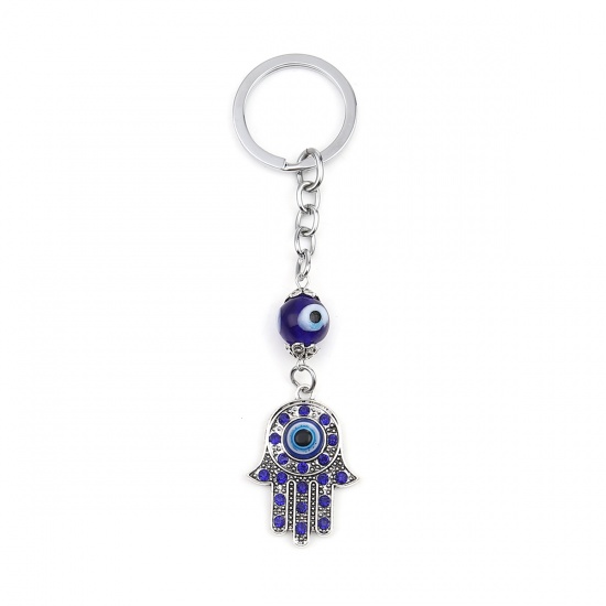 Picture of Religious Keychain & Keyring Silver Tone Hamsa Symbol Hand Evil Eye Dark Blue Rhinestone 13cm x 3.3cm, 1 Piece