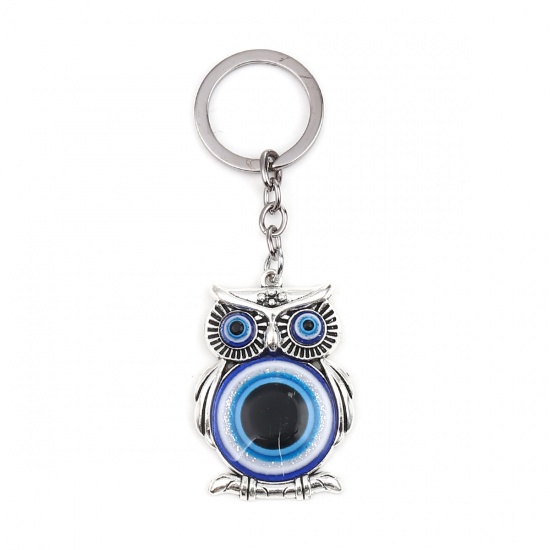 Picture of Religious Keychain & Keyring Silver Tone Deep Blue Owl Animal Evil Eye 11cm x 3.9cm, 1 Piece