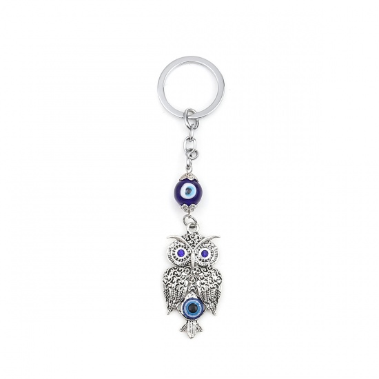 Picture of Religious Keychain & Keyring Silver Tone Owl Animal Evil Eye Dark Blue Rhinestone 14.4cm x 3.3cm, 1 Piece