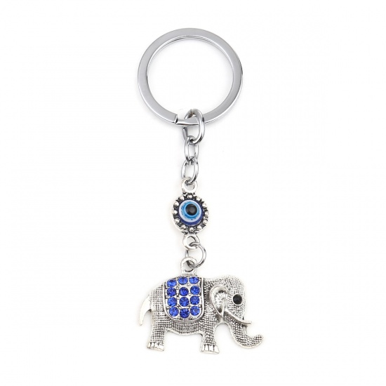 Picture of Religious Keychain & Keyring Silver Tone Elephant Animal Evil Eye Dark Blue Rhinestone 10.2cm x 3.7cm, 1 Piece