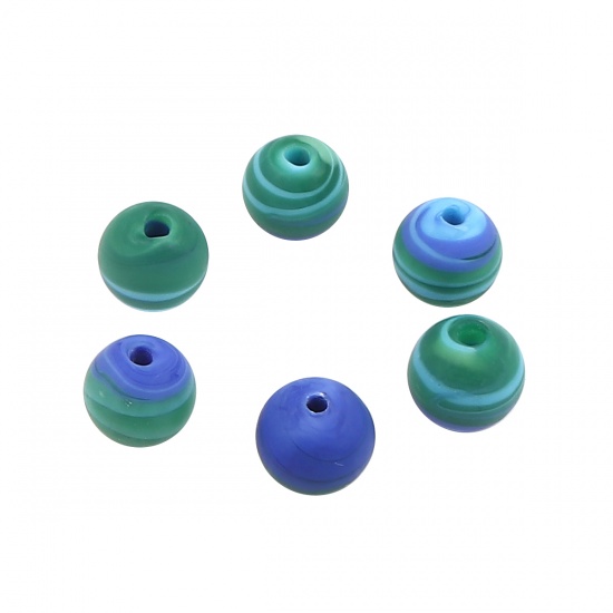 Bild von Muranoglas Perlen Rund Blau & Grün Streifen ca 11mm D., Loch:ca. 2.2mm, 10 Stück