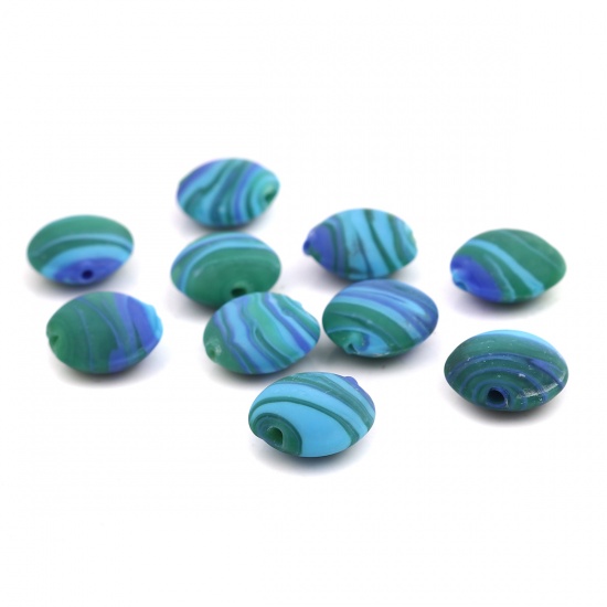 Bild von Muranoglas Perlen Flachrund Blau & Grün Streifen ca 15mm D., Loch:ca. 2mm, 10 Stück