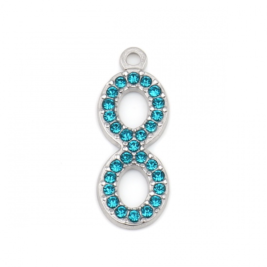 Picture of 304 Stainless Steel Charms Infinity Symbol Silver Tone Lake Blue Rhinestone 26mm x 10mm, 2 PCs