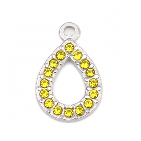 Picture of 304 Stainless Steel Charms Drop Silver Tone Yellow Rhinestone 18mm x 12mm, 2 PCs