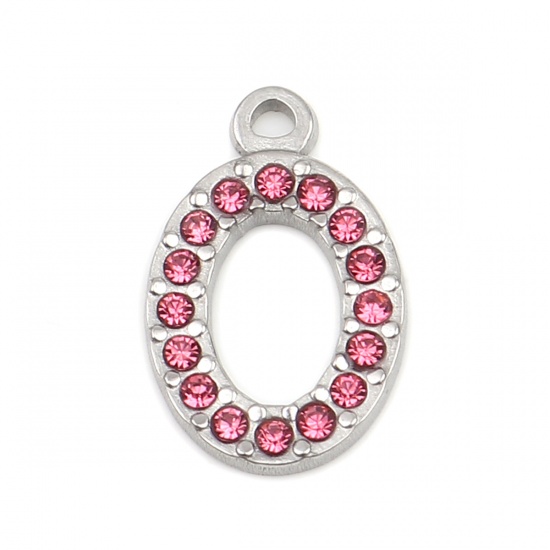 Picture of 304 Stainless Steel Charms Oval Silver Tone Pink Rhinestone 18mm x 12mm, 2 PCs
