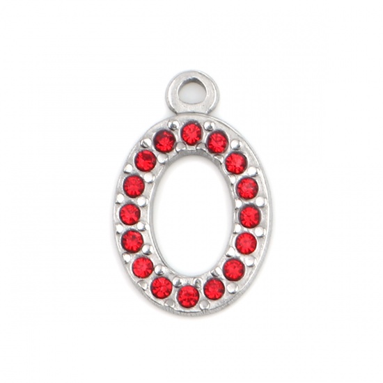 Picture of 304 Stainless Steel Charms Oval Silver Tone Red Rhinestone 18mm x 12mm, 2 PCs