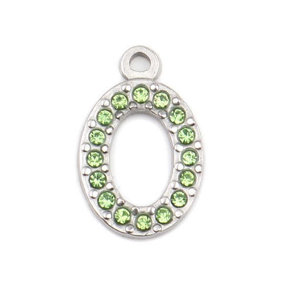 Picture of 304 Stainless Steel Charms Oval Silver Tone Green Rhinestone 18mm x 12mm, 2 PCs