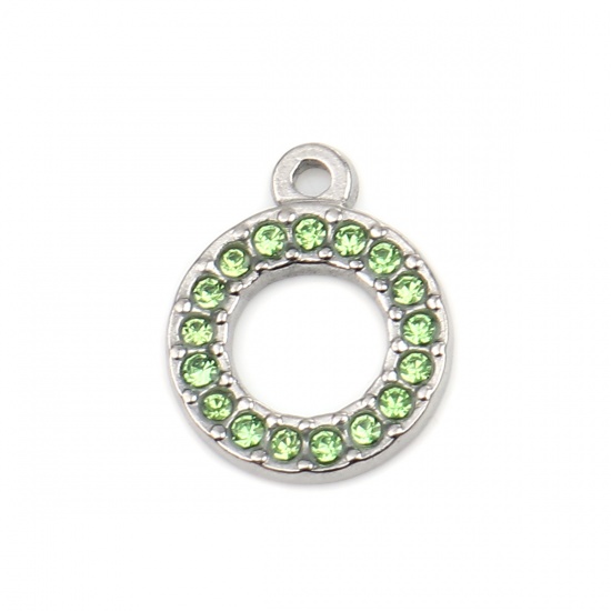 Picture of 304 Stainless Steel Charms Circle Ring Silver Tone Green Rhinestone 16mm x 13mm, 2 PCs