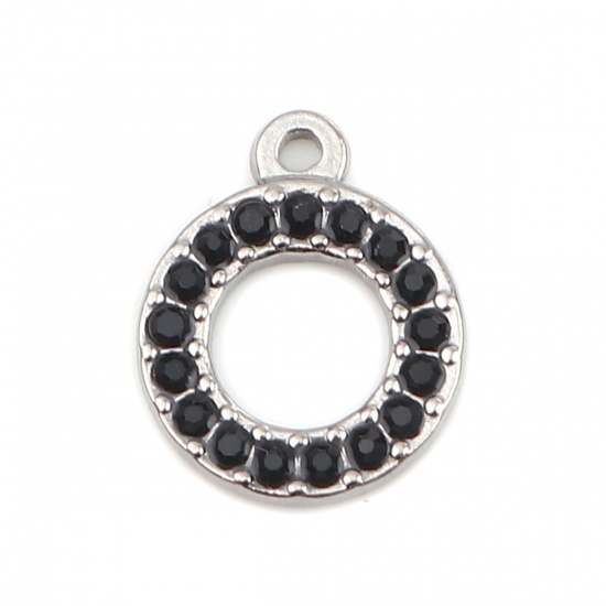 Picture of 304 Stainless Steel Charms Circle Ring Silver Tone Black Rhinestone 16mm x 13mm, 2 PCs