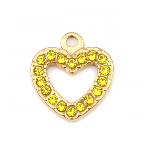 Picture of 304 Stainless Steel Charms Heart Gold Plated Yellow Rhinestone 15mm x 14mm, 2 PCs
