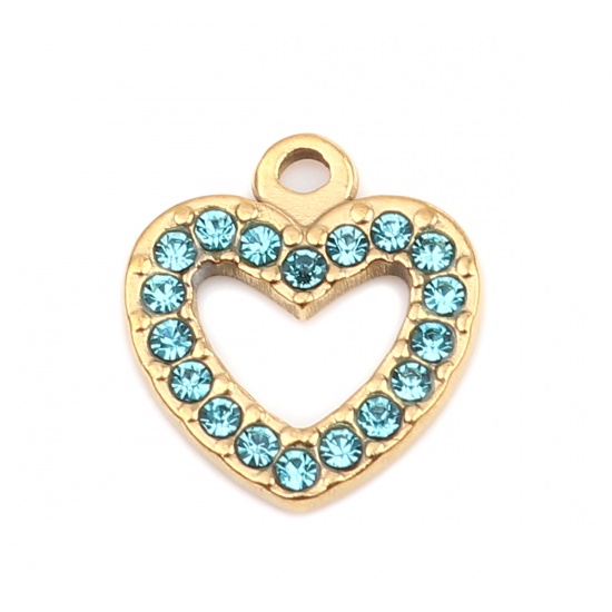Picture of 304 Stainless Steel Charms Heart Gold Plated Light Blue Rhinestone 15mm x 14mm, 2 PCs