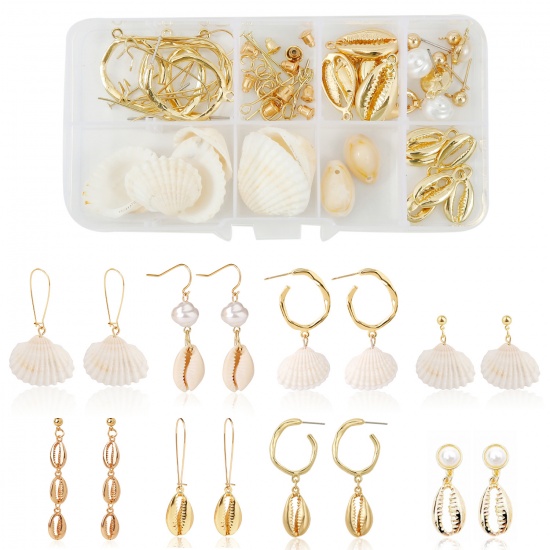 Bild von DIY handgemachte Ohrring Material Set Vergoldet Weiß Jakobsmuschel Muschelschale Imitat Perle 13cm x 7cm, 1 Set