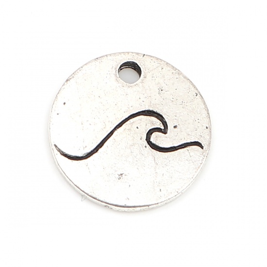 Picture of Zinc Based Alloy Charms Round Antique Silver Color Wave 12mm Dia., 50 PCs