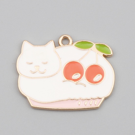 Picture of Zinc Based Alloy Charms Cat Animal Gold Plated White & Pink Cherry Enamel 29mm x 23mm, 10 PCs