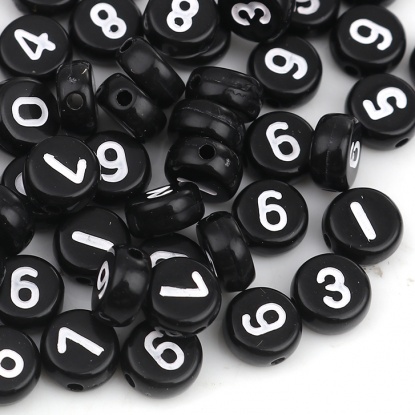 Picture of Acrylic Beads Flat Round Black & White Number Pattern About 7mm Dia., Hole: Approx 1.1mm, 500 PCs
