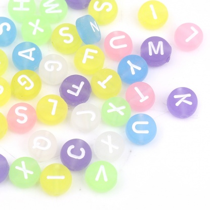 Picture of Acrylic Beads Flat Round At Random Initial Alphabet/ Capital Letter Pattern Frosted About 7mm Dia., Hole: Approx 1.4mm, 500 PCs
