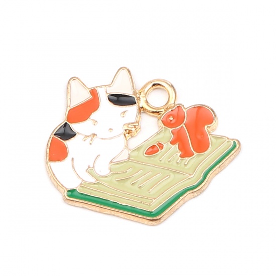 Picture of Zinc Based Alloy Charms Book Gold Plated Multicolor Cat Enamel 24mm x 19mm, 5 PCs