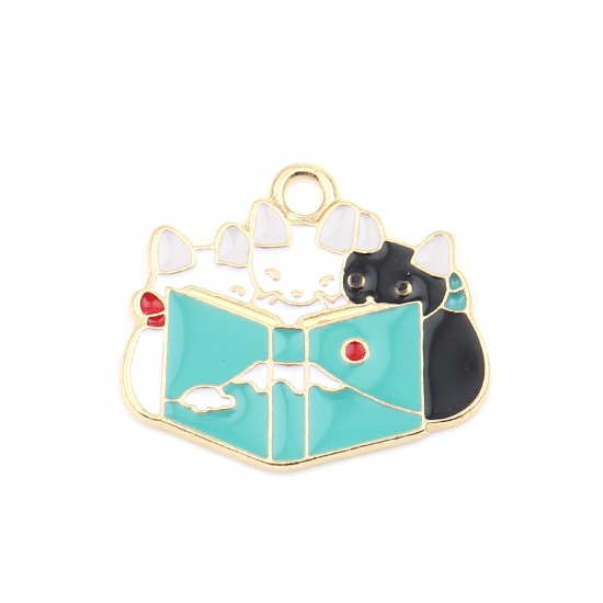 Picture of Zinc Based Alloy Charms Book Gold Plated Multicolor Cat Enamel 26mm x 22mm, 5 PCs
