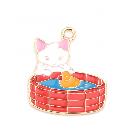 Picture of Zinc Based Alloy Charms Cat Animal Gold Plated Multicolor Enamel 29mm x 25mm, 5 PCs