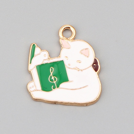 Picture of Zinc Based Alloy Charms Book Gold Plated White & Green Cat Enamel 23mm x 21mm, 5 PCs
