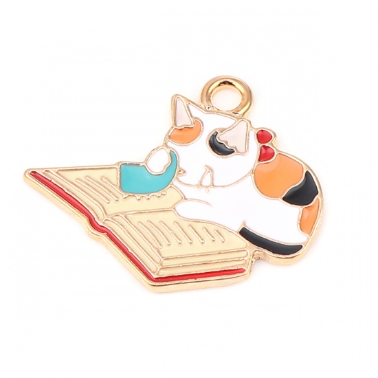 Picture of Zinc Based Alloy Charms Book Gold Plated Multicolor Cat Enamel 27mm x 22mm, 5 PCs