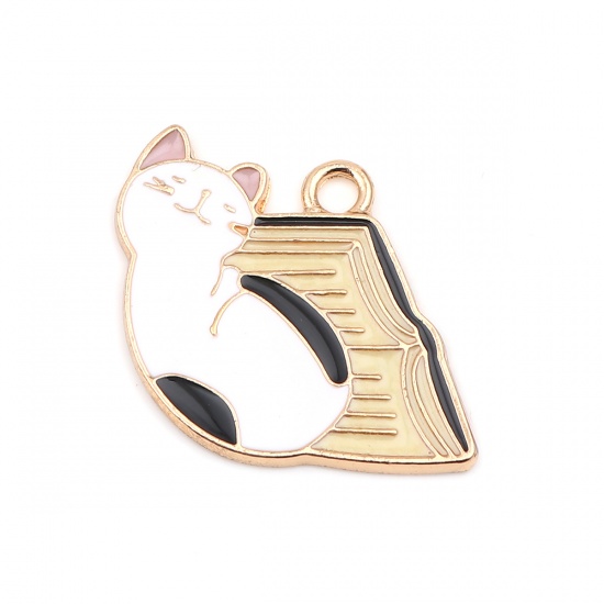 Picture of Zinc Based Alloy Charms Book Gold Plated Multicolor Cat Enamel 21mm x 19mm, 5 PCs