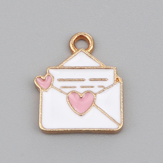Picture of Zinc Based Alloy College Jewelry Charms Envelope Gold Plated White & Pink Enamel 16mm x 13mm, 10 PCs