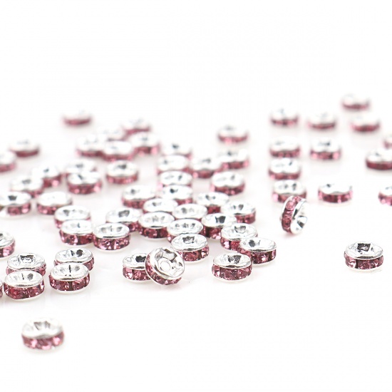 Picture of Zinc Based Alloy & Glass Spacer Rondelle Beads Round Silver Plated Pink Rhinestone About 4mm Dia., Hole: Approx 1mm, 100 PCs